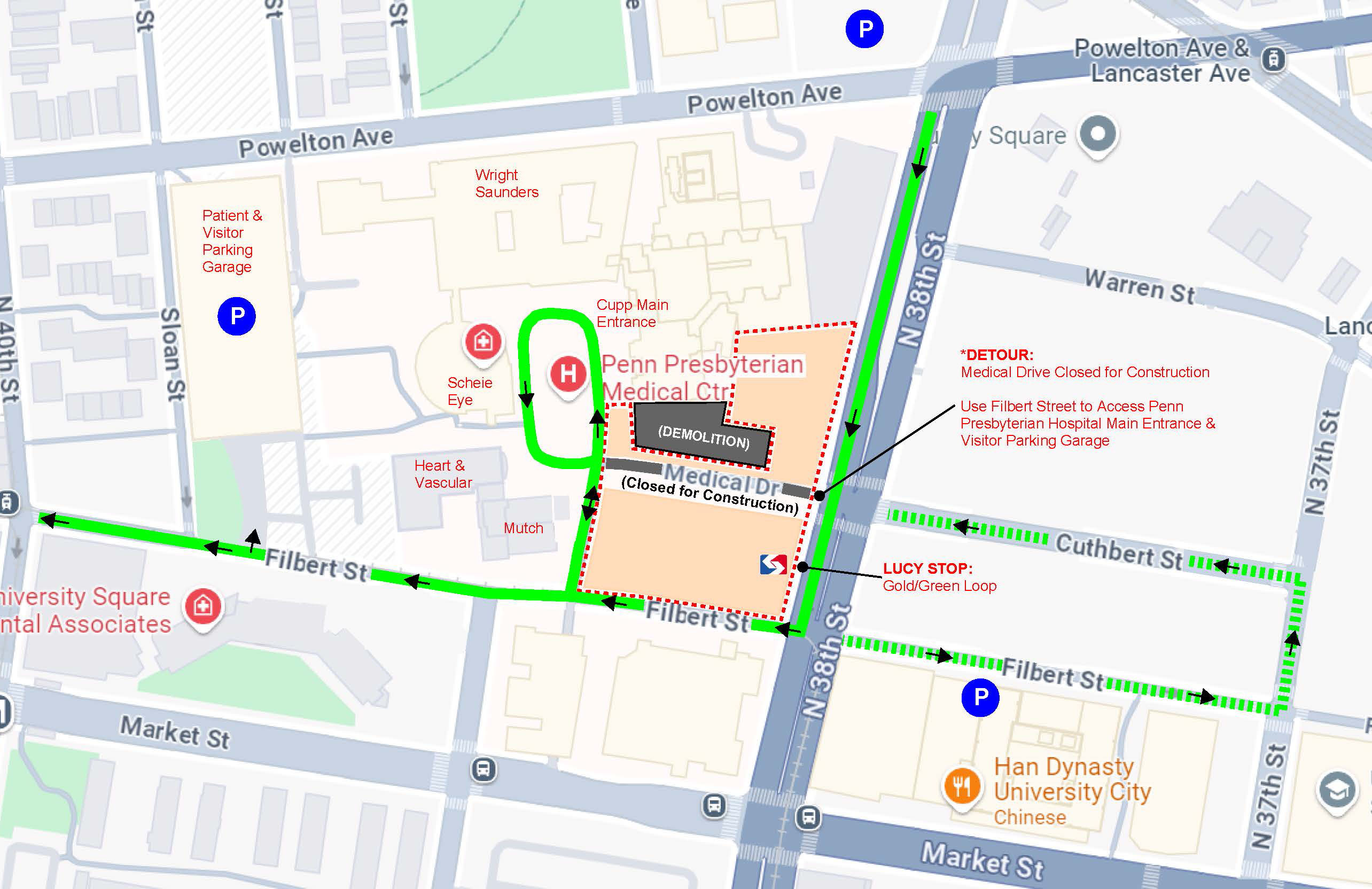A map of the roads around Penn Presbyterian Medical Center is shown with a detour on Filbert Street during a proton therapy expansion project. Medical Drive will be closed beginning Feb. 14, 2025 until further notice. During that time, people traveling to Penn Presbyterian should use the Filbert Street detour to access the hospital's main entrance and visitor parking garage. SEPTA will also have a temporary LUCY stop for the Green and Gold routes at the intersection of 38th and Filbert streets.